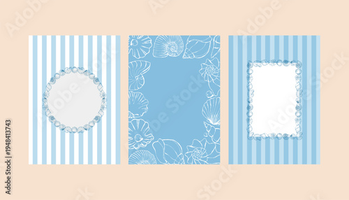 A set of whimsical blue card templates featuring hand-drawn seashells and frames. Invitations and posters with nautical stripes. Templates for wedding invitations, greeting cards, or holiday designs