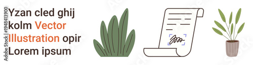 Graphic design, e-learning, stationary branding, content creation, decor inspiration, digital storytelling. Potted plants, curled scroll and text arrangement. Graphic design and e-learning