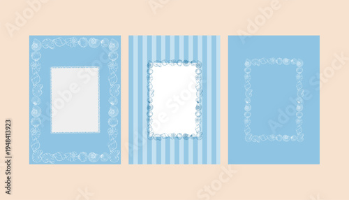 A set of whimsical blue card templates featuring hand-drawn seashells and frames. Invitations and posters with nautical stripes. Templates for wedding invitations, greeting cards, or holiday designs