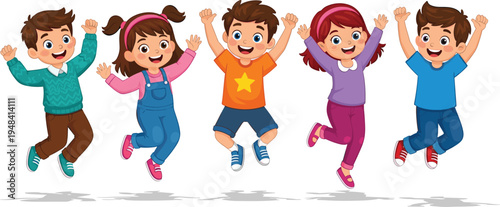 Group of happy cartoon children jumping for joy, diverse kids celebrating together with arms raised, childhood friendship vector illustration, isolated.