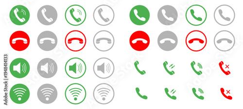Set of communication icons with telephone handsets in up and down positions, speakerphone symbol,and Wi-Fi signal icon. Colored in green, red,and gray to indicate calls