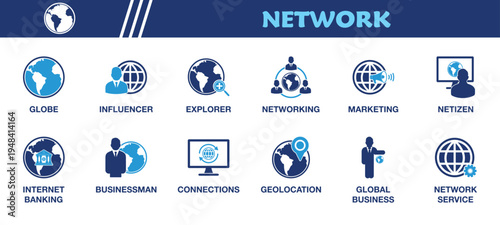 Network and Global Communication Icon Set. Collection of Globe, Influencer, Netizen, Explorer, Networking, Internet Banking, Connections, Geolocation, Global Business, Network Service and More Icons. 