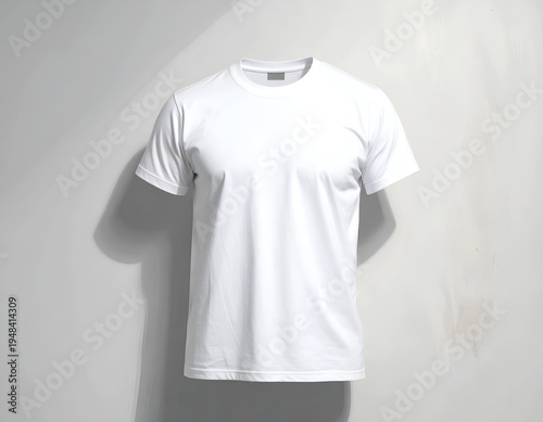 Plain white t-shirt hanging against a light, textured wall