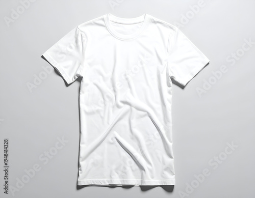 A plain, white, crew-neck t-shirt is laid flat on a gray surface