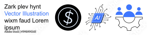 Finance, automation, teamwork, digital collaboration, AI, innovation. Dollar sign, AI chip and gear with people icons. Finance and automation illustrated through interconnected concepts