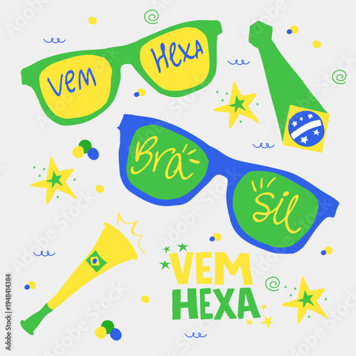 Lettering “Vem Hexa” com Elementos de Torcida Brasileira – Ilustração de Futebol em Vetor