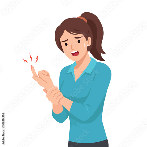 Woman Experiencing Finger Pain and Hand Injury. Flat vector illustration isolated on white background