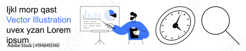 Business strategy, data analysis, time management, research, workflow, progress tracking. A man presenting statistical data on a chart, along with clock and magnifying glass icons. Data analysis