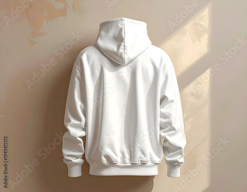 Clean white hooded sweatshirt mockup, back view, soft light