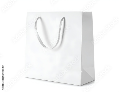 A plain white shopping bag with a shiny ribbon handle