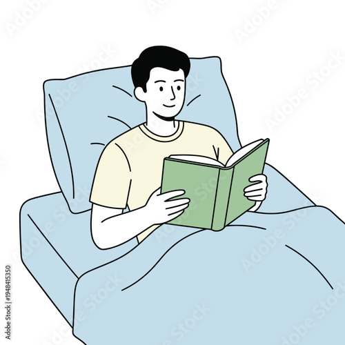 Minimal line illustration of a man reading a book while relaxing in bed, representing bedtime routine, leisure, and calm lifestyle.