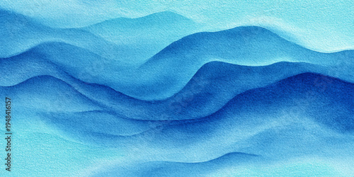 Blue ocean watercolor background with smooth flowing wave texture and artistic aqua paint illustration.