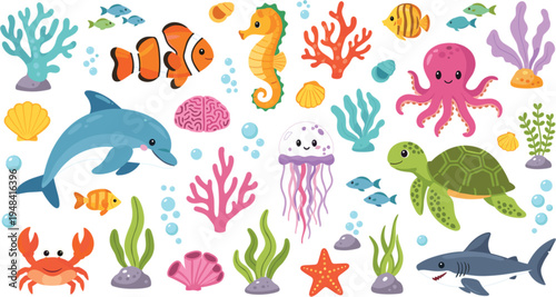 Cute Ocean Animals Cartoon Vector Set with Dolphin Turtle Shark Octopus Jellyfish Seahorse Coral Reef Underwater Sea Creatures Illustration