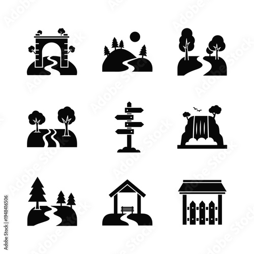 landscape icons vector, black silhouettes