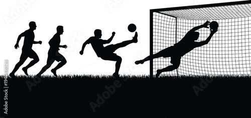 Soccer game silhouette illustration, sports action artwork, athletic vector design, bold graphic icon, black white football symbol