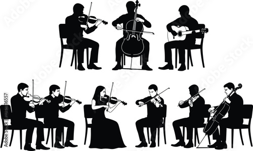 String ensemble silhouette illustration, classical music artwork, orchestra vector design, bold graphic icon, black white performance symbol