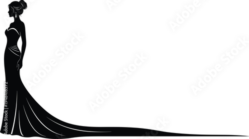 Woman gown silhouette illustration, elegant fashion artwork, bridal dress vector design, bold graphic icon, black white attire symbol
