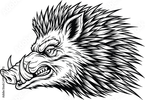 Wild boar head illustration, fierce animal artwork, aggressive vector design, bold graphic icon, black white strength symbol