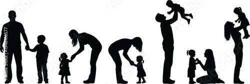 Adult child interaction silhouette illustration, family bonding artwork, parenting vector design, bold graphic icon, black white caregiving symbol