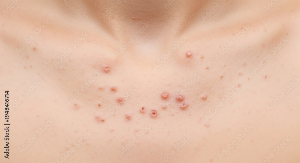 Fototapeta premium A close up view of a person's chest area showing multiple small red acne lesions and skin rash
