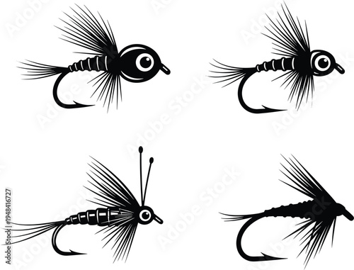 Fishing fly illustration set, artificial lure artwork, angling vector design, bold graphic icon, black white fishing symbol