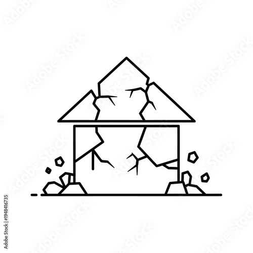 Cracked Damaged House Structure Line Drawing.