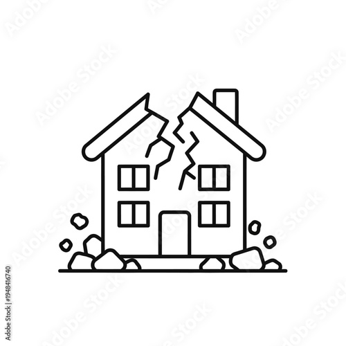 Cracked Damaged House Structure Line Drawing.