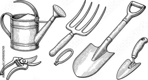 Gardening tools illustration, horticulture artwork design, vintage vector motif, bold graphic icon, black white garden symbol