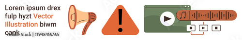 Communication alerts, warning messages, multimedia, online sharing, media tools, attention-grabbing symbols. Megaphone, exclamation mark triangle and media player. Communication alerts and warning