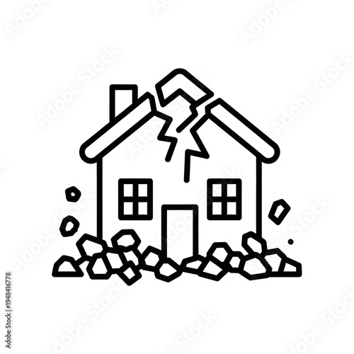 Damaged house with broken roof.