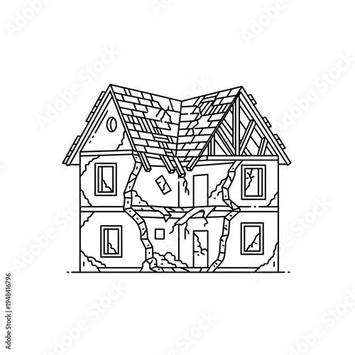Damaged house with broken roof section.