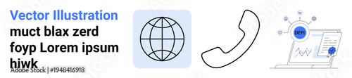 Telecommunications, global connection, secure data transfer, analytics, digital communication, encryption security. Icons of a globe, phone and secure analytics display. Global connection and secure