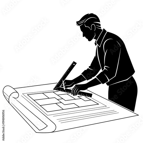 Man drawing on blueprint with tools.