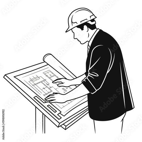 Man in hard hat examining blueprint.