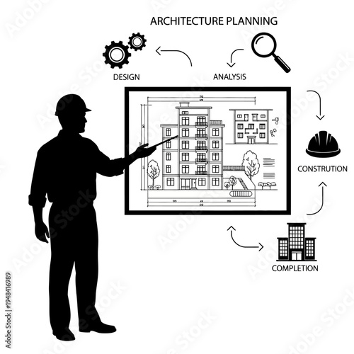 Man in hardhat pointing at blueprint.