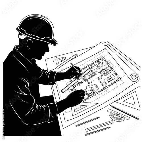 Man wearing hard hat drawing blueprint.