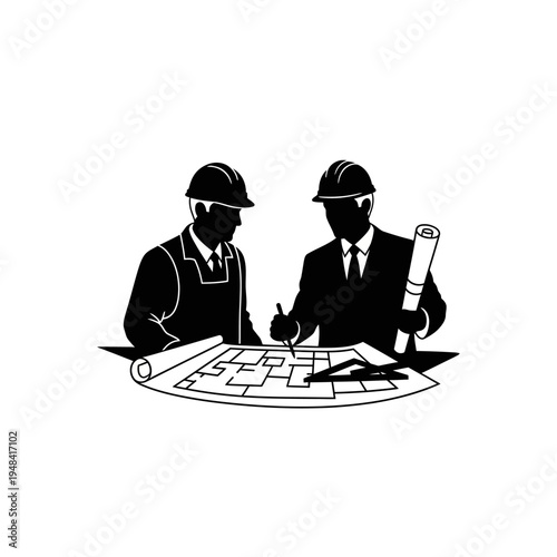 Two businessmen in hard hats discussing.