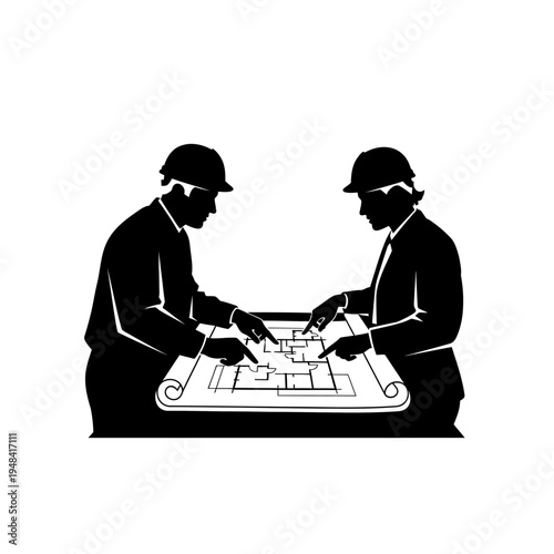 Two construction workers with blueprint plan.