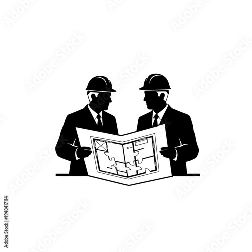 Two businessmen in hard hats looking.