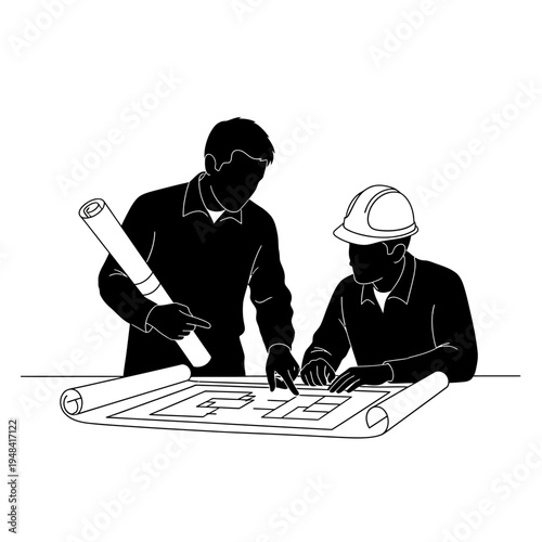 Two engineers working on blueprint plans.