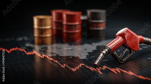 fuel pump nozzle, global oil price crisis concept, oil barrels, world map background, cargo ships, rising stock market chart symbolizing increasing oil prices, global economy and energy crisis theme