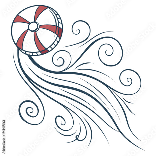 Red and white beach ball with swirling lines on white background summer