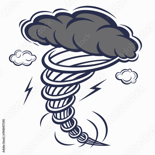Dark gray tornado with clouds and lightning on white background storm weather