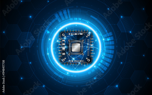 Microchip processor circuit board technology on dark blue background. Information Processing Concept. Circuit board hi-tech technology background. vector illustration