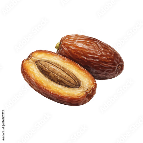 A watercolor illustration of date fruit whole and cut for tropical food designs, natural sweet ingredient illustrations, and healthy fruit themed artwork.
