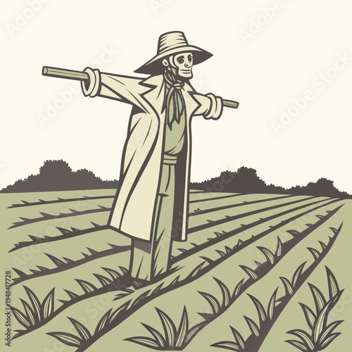 Scarecrow standing in a field with a pitchfork farmer