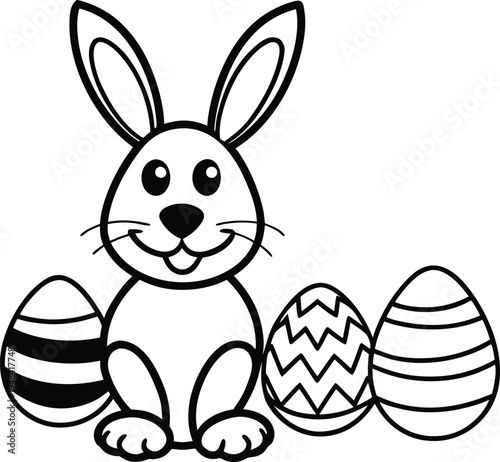 Happy easter bunny sitting with decorated eggs