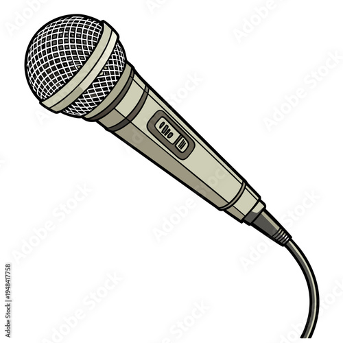 Handheld microphone with stand and cord on white background music