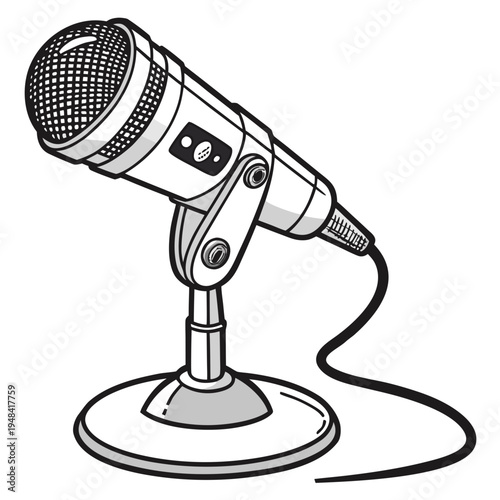 Microphone on stand with cord on white background music audio