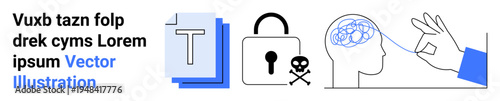Technology security, health, problem resolution, innovation, online safety, and ideas. Text file icon, lock with skull human head and hand. Technology security and health concept